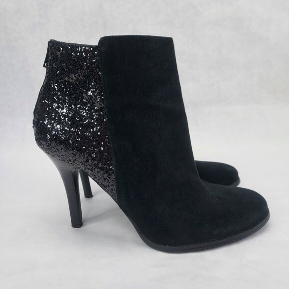 BCBG Milan Stiletto Ankle Booties Women's 9.5B Black Leather Suede & Glitter Zip - Picture 5 of 15